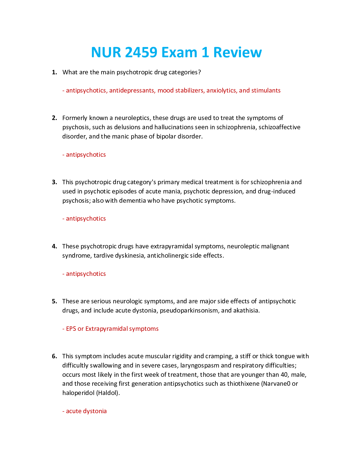 Preview image for NUR 2459 / NUR2459 Exam 1: Mental and Behavioral Health Nursing Exam 1 Review (Latest 2021/2022) Rasmussen